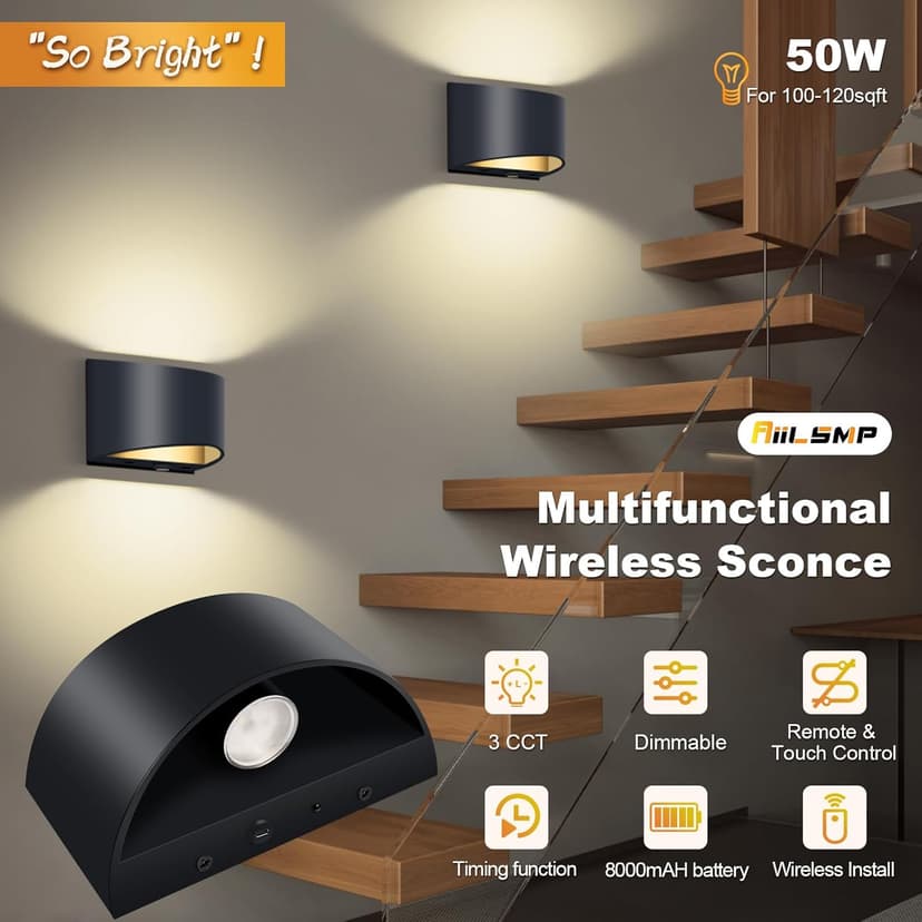 Battery Operated Wall Sconce with Remote Control,No Hardwired Wall Sconces Set of Two,3000K-6500K,Dimmable LED Wall Lamps,50W Equivalent Wall Lights for for Bedroom, Living Room, Hallway