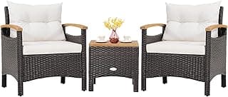 Tangkula 3-Piece Patio Furniture Set, Patiojoy Outdoor Rattan Sofa Set with Coffee Table, Patio Conversation Set with Removable Cushion, Cozy Acacia Wood Armrests for Backyard, Poolside (Off White)
