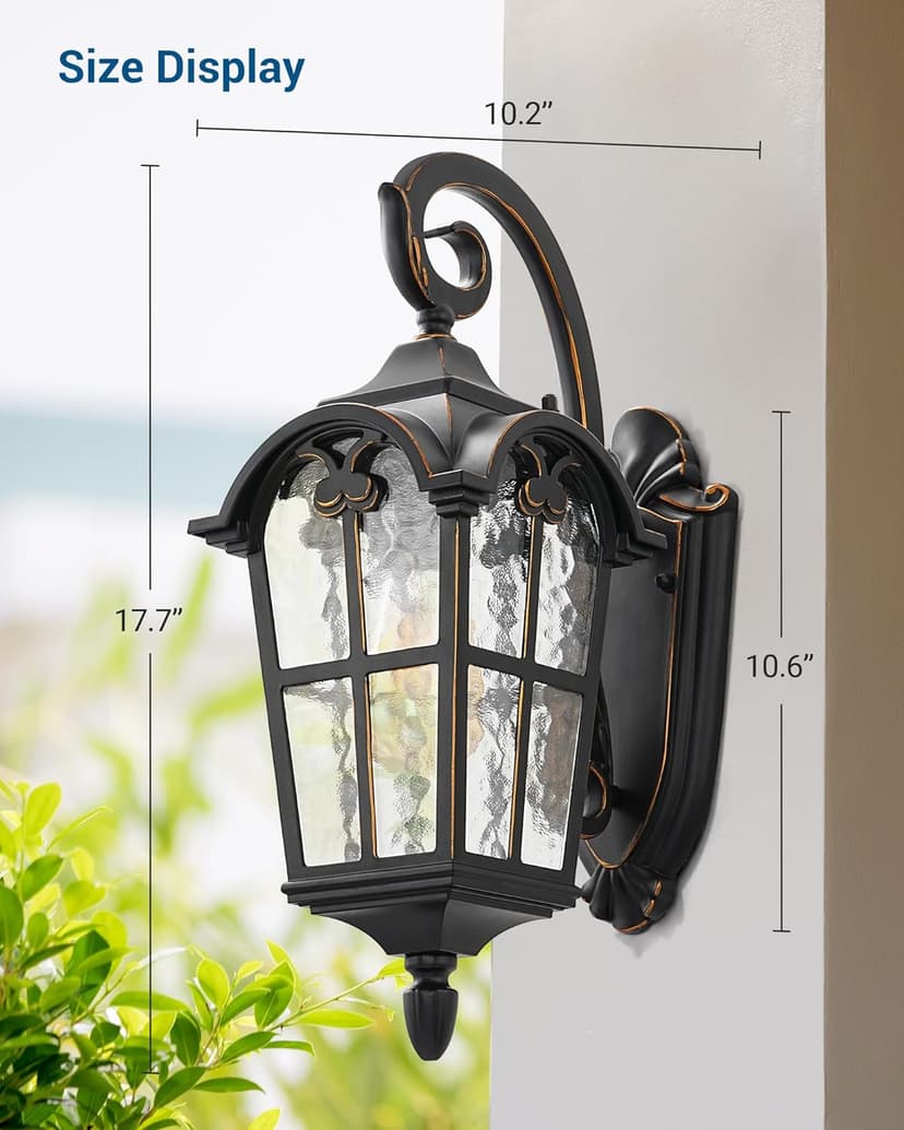 DEWENWILS Outdoor Wall Light Fixtures Wall Mount, Black Roman 17.7" H Exterior Wall Lantern, Anti-Rust & Waterproof, Water Ripple Glass, Outside Wall Sconce Porch Light for House, Garage