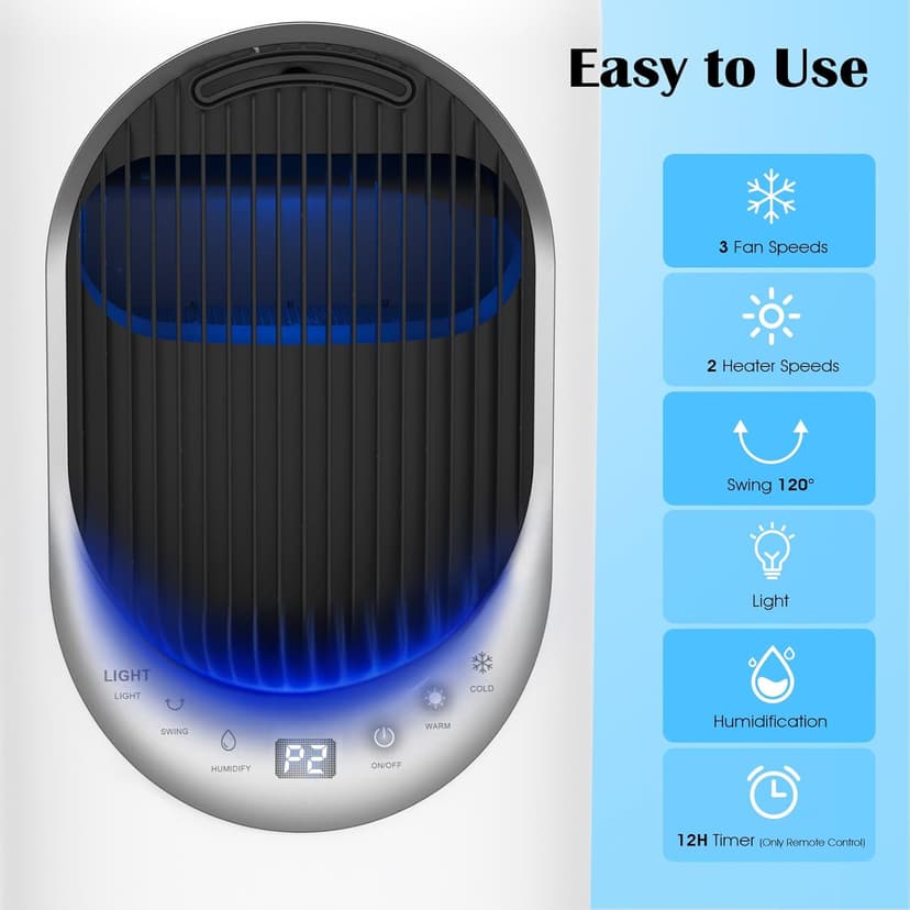 4 IN1 Evaporative Air Cooler, Swamp Cooler with 4L Water Tank, Tower Fan with Humidification, Fan and Heater Combo, 120°Oscillating, Remote, 12H Timer, 2 Ice Packs (Panel-Crescent)