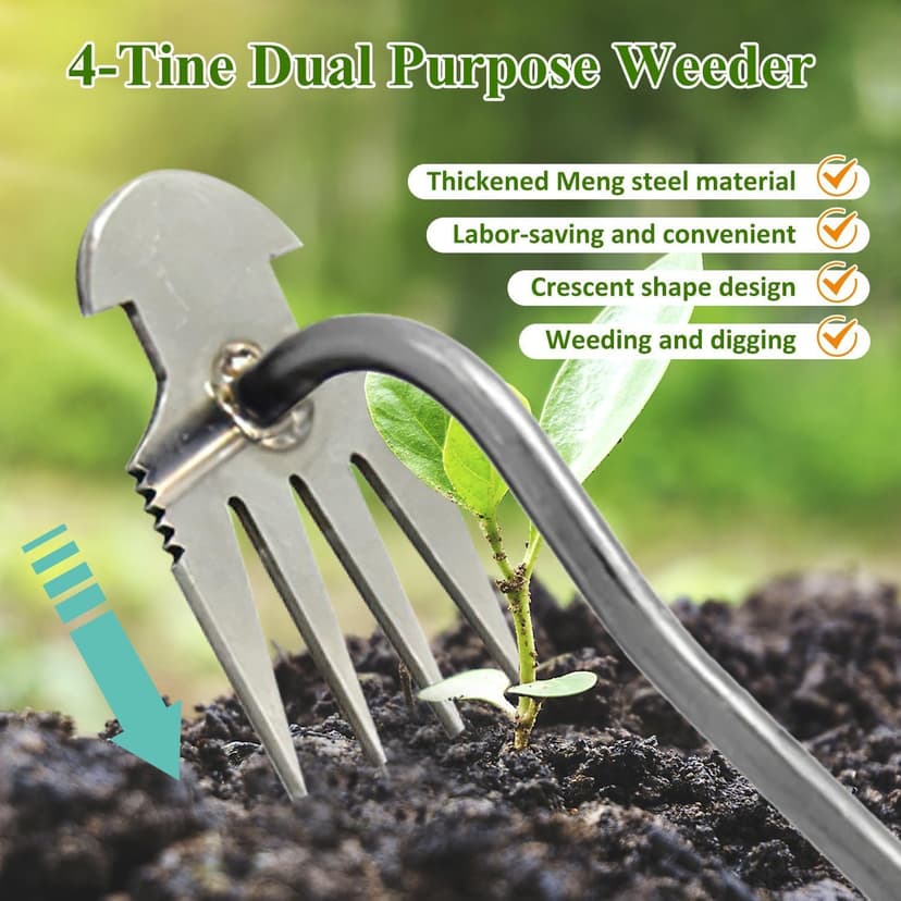 Weeding Artifact Uprooting Weeding Tool, Garden Weeding Tools Hand Weeder Tool, Stainless Steel Weed Puller 4 Teethes Dual Purpose Weeder, Multifunctional Weeder Manual Weed Remover Tool (Wood-12inch)