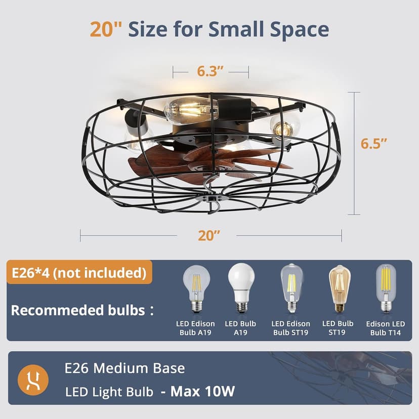 LEDIARY 20" Caged Ceiling Fans with Lights and Remote, Flush Mount Bladeless Ceiling Fan Low Profile, Small Farmhouse Industrial Enclosed Ceiling Fan with Light for Bedroom, Kitchen, Indoor
