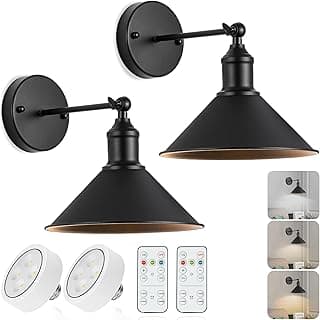 Vintage Black Wireless Battery Operated Wall Sconces, Cordless LED Wall Lights Set of 2 with Remote Control, for Bedroom, Farmhouse, Gallery - Easy Setup, Adjustable Brightness, Long-Lasting Battery