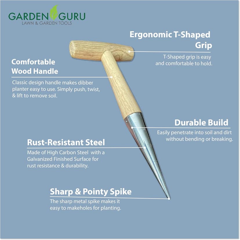 Garden Guru Steel Dibber Planter Tool for Planting Seeds & Bulbs - High Carbon Steel & Comfortable Wood Carved Handle - for Consistent Planting Flowers Tulips, Daffodils, Dahlias