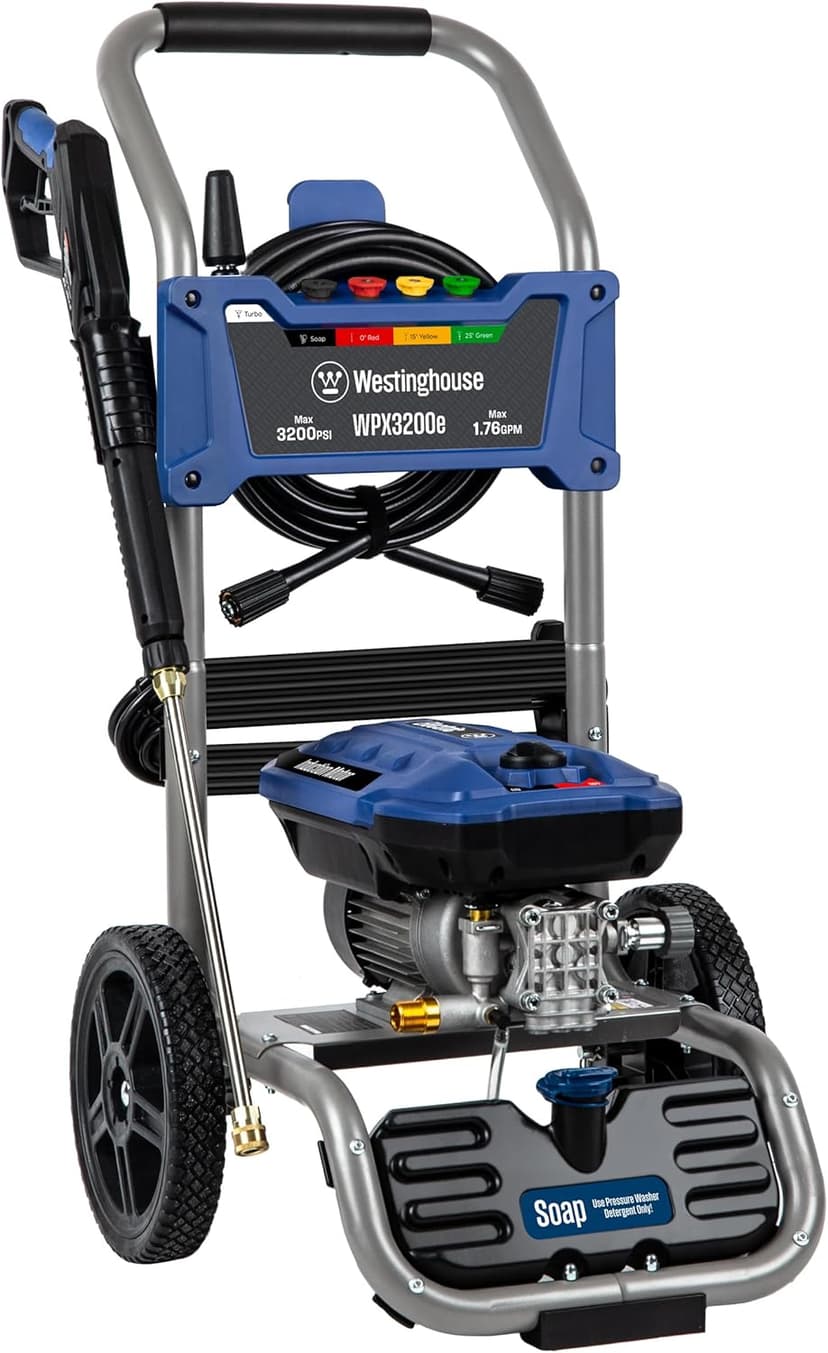 Westinghouse WPX3200e Electric Pressure Washer, 3200 PSI and 1.76 Max GPM, Induction Motor, Onboard Soap Tank, Spray Gun and Wand, 5 Nozzle Set, for Cars/Fences/Driveways/Homes/Patios/Furniture, Blue
