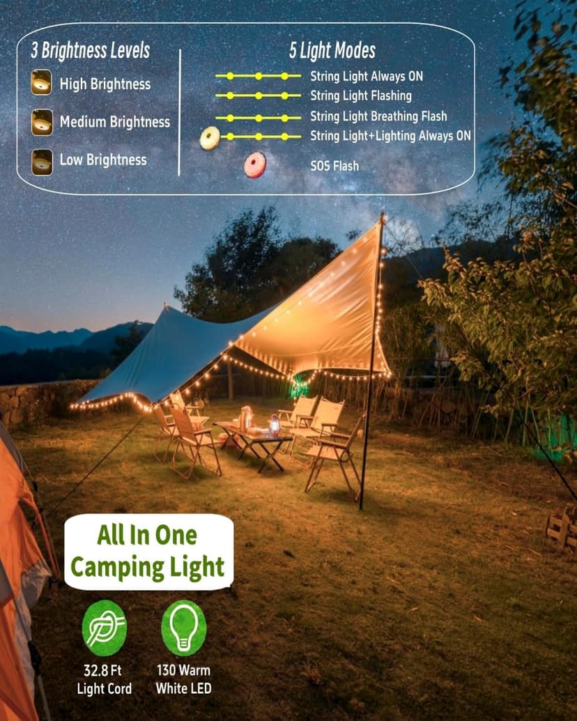 Solar Camping String Lights, 32.8FT Fairy String Lights 130LEDs, Portable Waterproof Camping Lamp with 8 Lighting Modes, Hanging Rechargeable Tent Lantern for Awning Garden Yard Party Decor