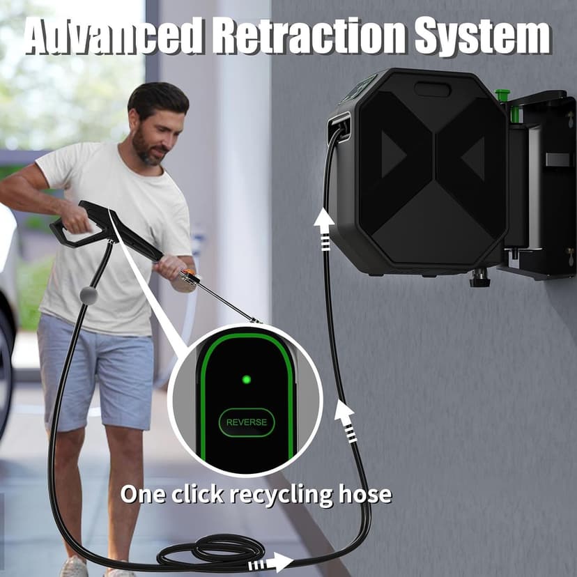 Buyplus Wall Mounted Pressure Washer, 5200PSI 3.2GPM Electric Power Washer, Remote Controlled with 100FT Retractable Hose, GFCI Power Cord, Foam Cannon, 5 Nozzles for Cars, Driveways, Patios, Black