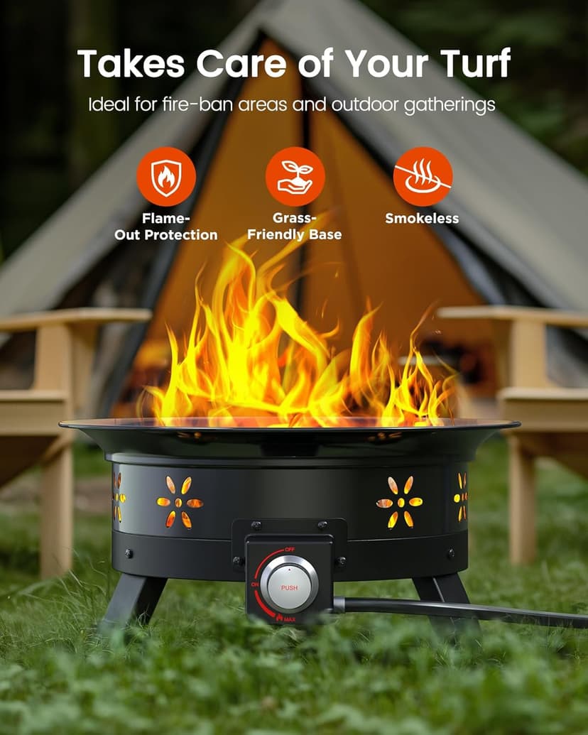 AMADA HOMEFURNISHING 19″ Propane Fire Pit with Grill Grate, 58,000 BTU, Folding Legs, Propane Tank Holder, Cover, and Carry Strap, No Ignition Needed, Easy Flame Adjustment, CSA-Certified, Portable