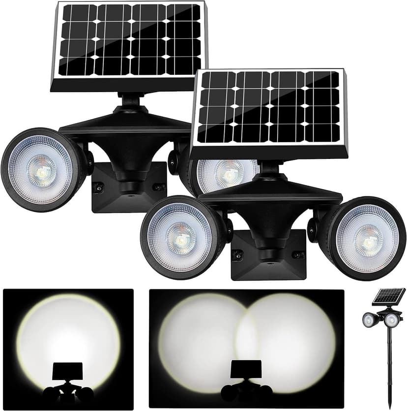 Solar Spotlight Outdoor Upgraded, Stay On All Night, 5000mAh LED Security Light Solar Powered, Exclusive Optical Solar Projector Light Auto On/Off Waterproof for Flag/Yard/House/Garden 2-Pack
