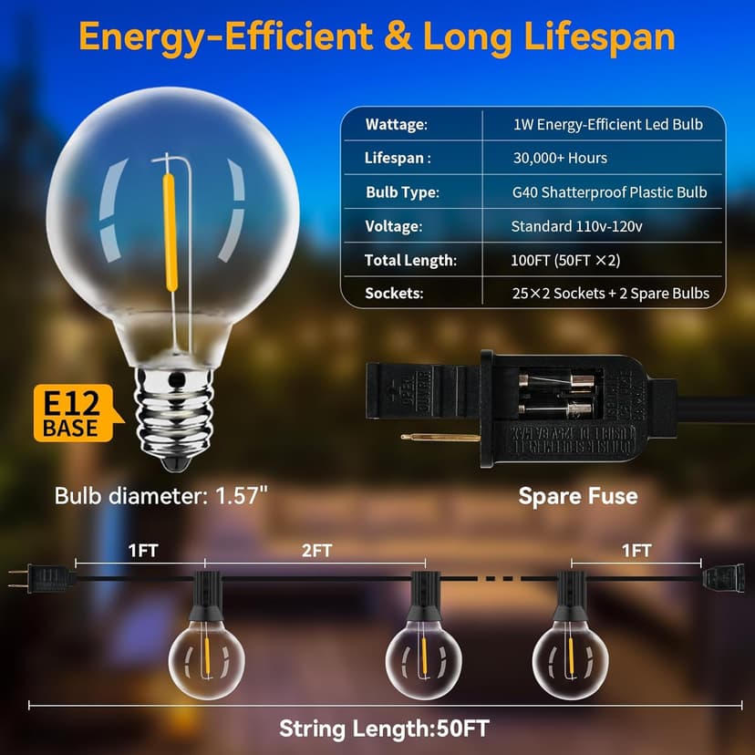 100ft Outdoor String Lights Waterproof/Connectable/Dimmable with 52 LED Shatterproof Bulbs,2-Pack 50ft UL Listed Globe G40 String Lights Outside Lighting for Patio Backyard Cafe Party Wedding Garden