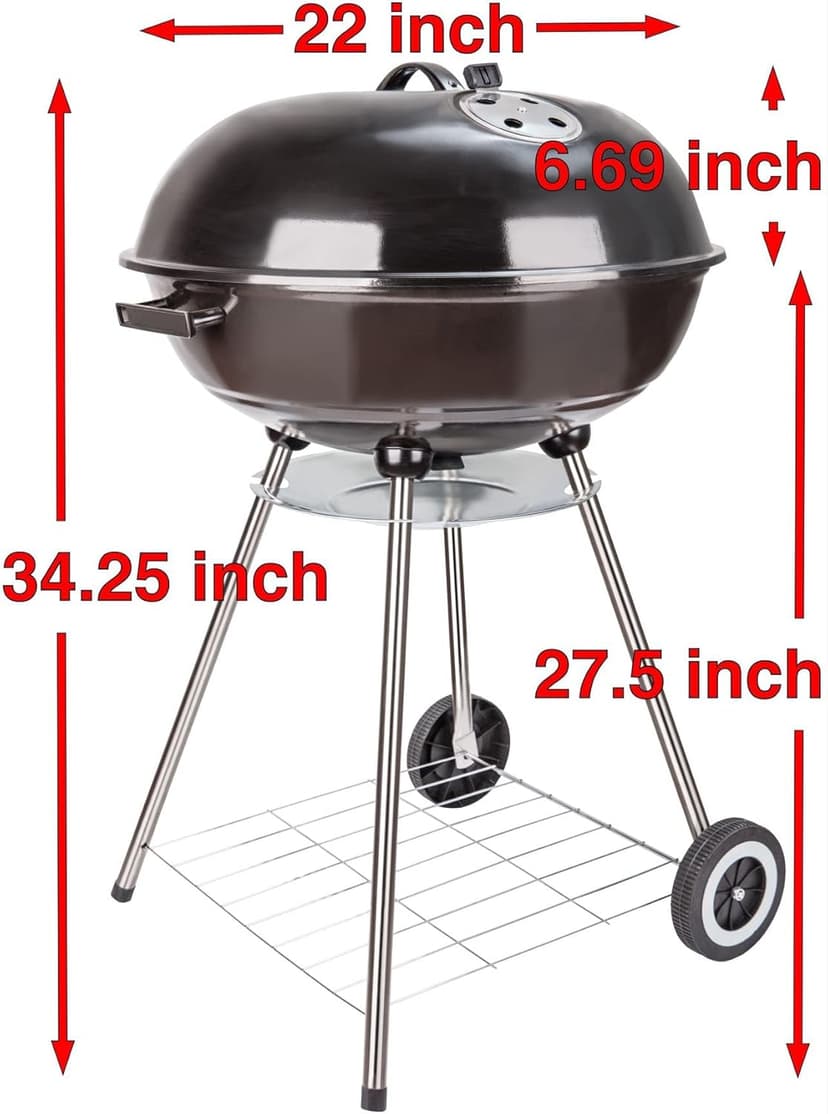 22 Inch Portable Charcoal Grill with Wheels for Outdoor Cooking Barbecue Camping BBQ Coal Kettle Grill - Heavy Duty Round with Thickened Grilling Bowl Wheels for Small Patio Backyard