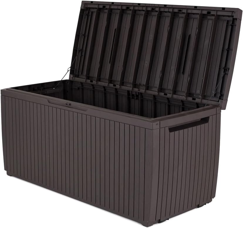 Keter Springwood 80 Gallon Resin Outdoor Storage Box for Patio Furniture Cushions and Garden Tools with Handles, Brown
