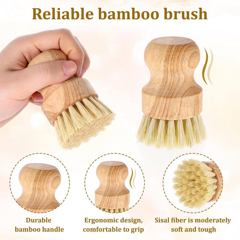 6 Packs Bamboo Dish Scrub Brushes Wok Brush Dish Scrubber Brush Kitchen Dishwashing Scrubber with Natural Bristles Bamboo Scrub Brush for Cleaning Pans, Pots, Sink