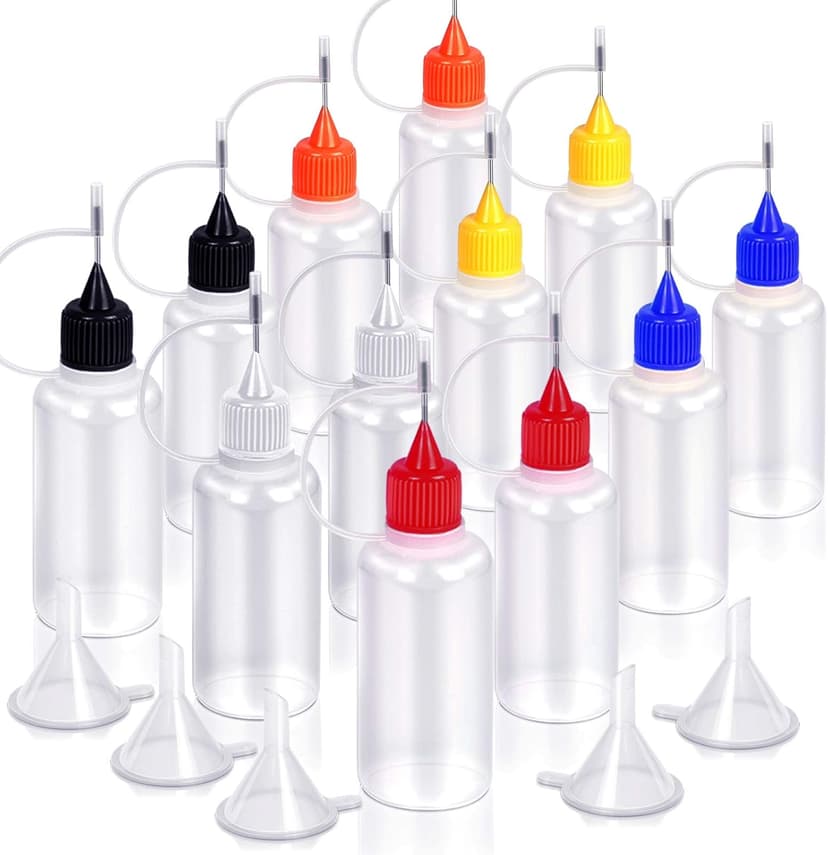 12pcs Precision Tip Applicator Bottles with 5 Mini Funnels, YGDZ 30ml Needle Tip Squeeze Glue Bottles for Paint Quilling Craft, 6 Colors