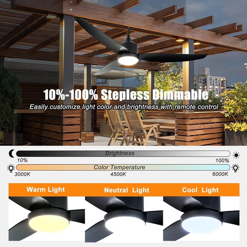 Depuley Outdoor Ceiling Fan with Light: 52 Inch Gazebo Fan Outdoor Hanging - Plug in Ceiling Fan for Patio Waterproof - Dimmable Ceiling Fan Remote App Control Black
