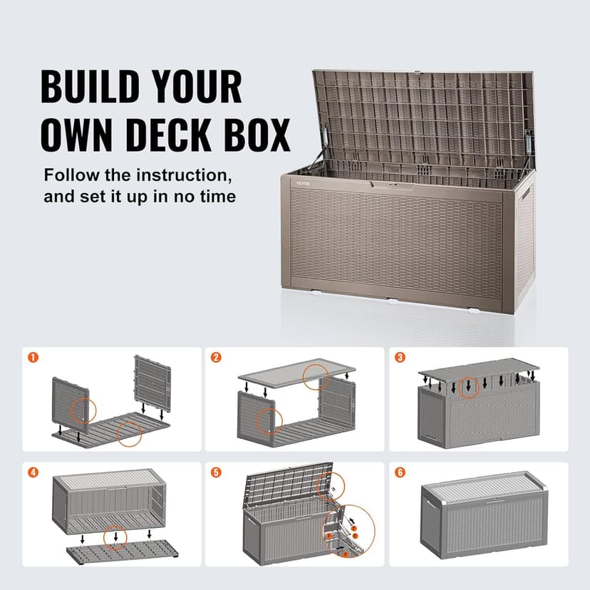 VEVOR Deck Box, 100 Gallon Outdoor Storage Box, 48.0" x 21.5" x 24.5", Waterproof PP Deckbox with Aluminum Alloy Padlock, for Patio Furniture, Garden Tools, Outdoor Cushions, Gray