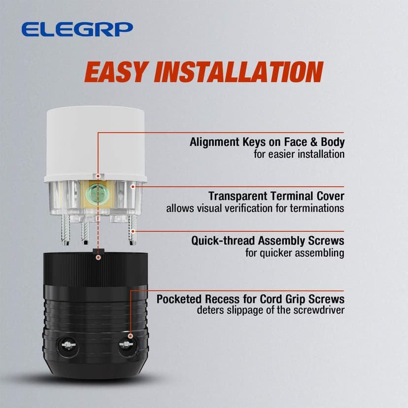 ELEGRP NEMA L5-30R Locking Connector, Generator Twist Lock Adapter Connector, 30 Amp 125V 2 Pole 3 Wire Grounding, Industrial Grade Heavy Duty, UL Listed (1 Pack, Black/White)
