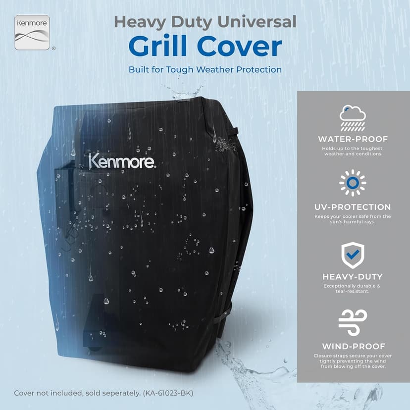 Kenmore 3-Burner Propane BBQ Grill, 30,000 BTUs Gas Grill with Cast Iron Cooking Grates, Folding Side Tables & Wheels, Outdoor Grill with Tool Hooks, Azure Blue