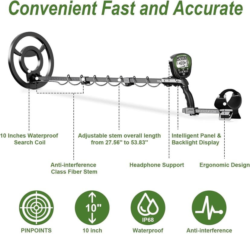 Metal Detector for Adults Professional, Higher Accuracy Gold and Silver Detector, Metal Detector Waterproof Pinpoint, Bigger LCD, 5 Mode, 10" IP68 Coil, New Advanced DSP Chip, Green