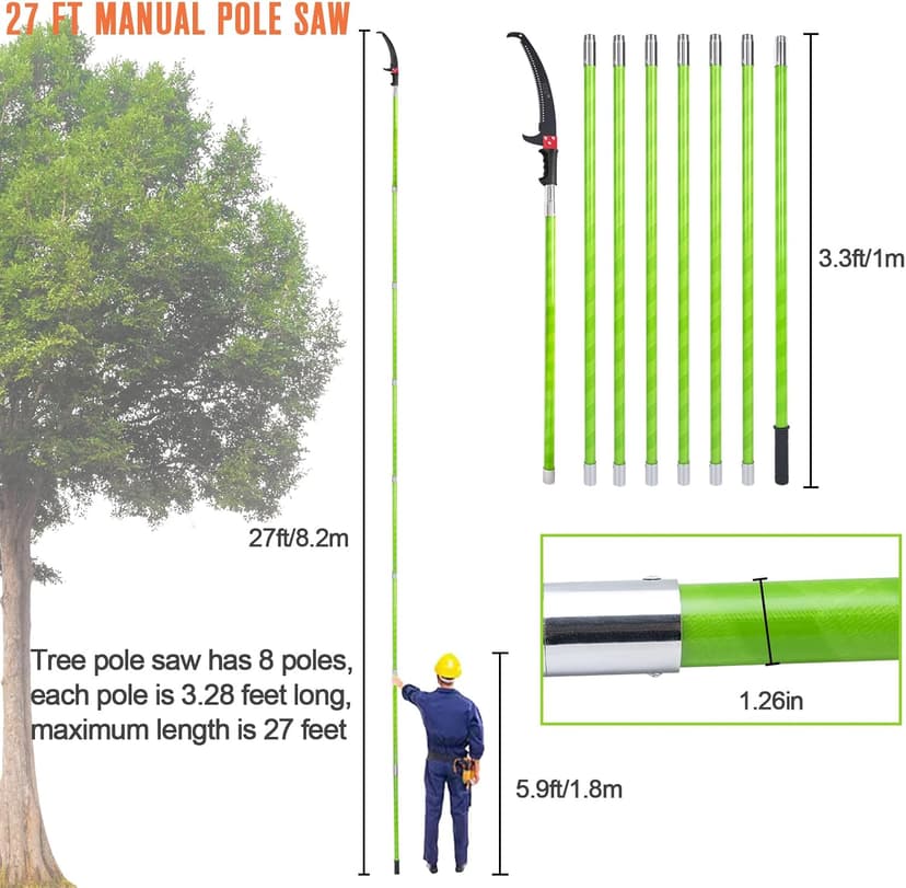 Pole Saws for Tree Trimming, 7.3-27 ft Manual Pole Saw Extendable Tree Trimmer, Long Branch Trimmer Tree Pole Pruner Saw Blades and Scissors Set for Pruning Palms and Shrubs