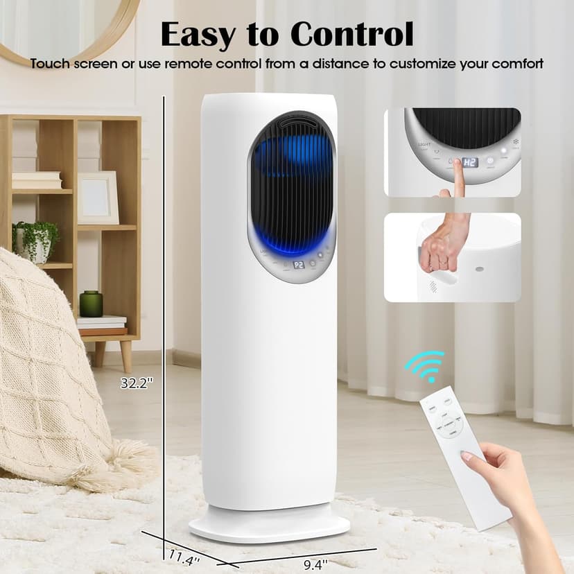 4 IN1 Evaporative Air Cooler, Swamp Cooler with 4L Water Tank, Tower Fan with Humidification, Fan and Heater Combo, 120°Oscillating, Remote, 12H Timer, 2 Ice Packs (Panel-Crescent)