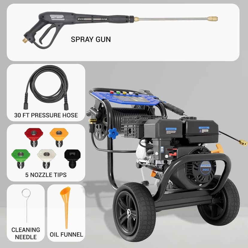 3600PSI Gas Pressure Washer, 2.3GPM Heavy-Duty High Power Washer with 212CC Engine, 5 Quick-Connect Nozzles, 30ft High-Pressure Hose & Hose Reel, Maintenance-Free Aluminum Axial Cam Pump