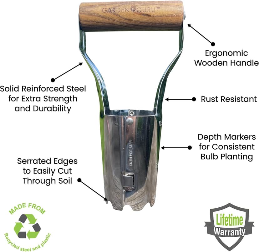 Garden Guru Eco Bulb Planter - 100% Recycled Stainless Steel - Rust Resistant - FSC Certified Wood Ergonomic Handle - Depth Marker for Consistent Planting Flowers Tulips, Daffodils, Dahlias