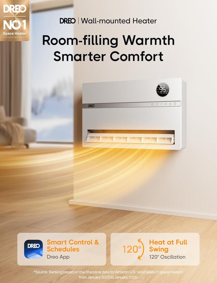 Dreo Smart Wall Heater, Electric Space Heater for Bedroom 1500W, 120° Vertical Oscillation, Adjustable Thermostat, Remote Control, 24H Timer, Easy-Mount Heater for Indoor Use, Works with Alexa, WH719S