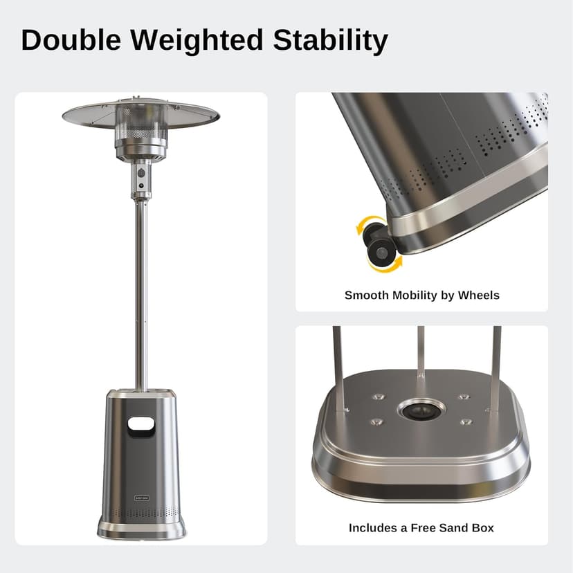 EAST OAK 50,000 BTU Patio Heater with Sand Box, Double-Layer Stainless Steel Burner, Table Design, Safety Protection System, Wheels, Propane Patio Heater for Home and Commercial, Stainless Steel
