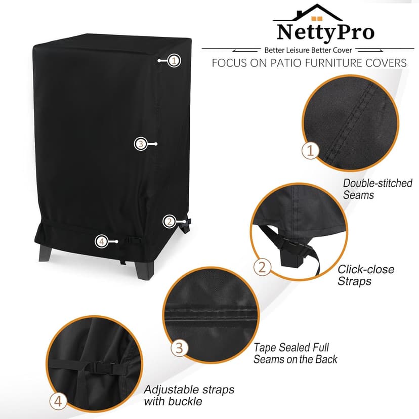 NettyPro Smoker Cover Heavy Duty Waterproof 30 Inch for Masterbuilt Cuisinart Dyna-Glo Charbroil Digital Electric Propane Vertical Smoker, Fade and UV Resistant, 19" W x 18" D x 33" H, Black