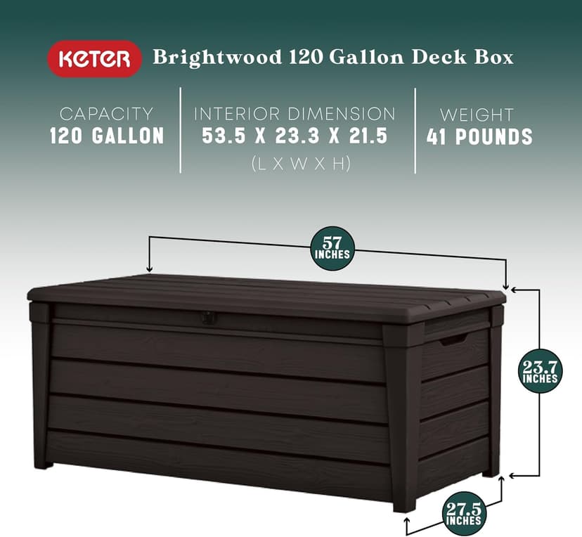 Keter Outdoor Storage Deck Box, Waterproof Patio & Pool Bin, Large, 120 Gallon, Brown