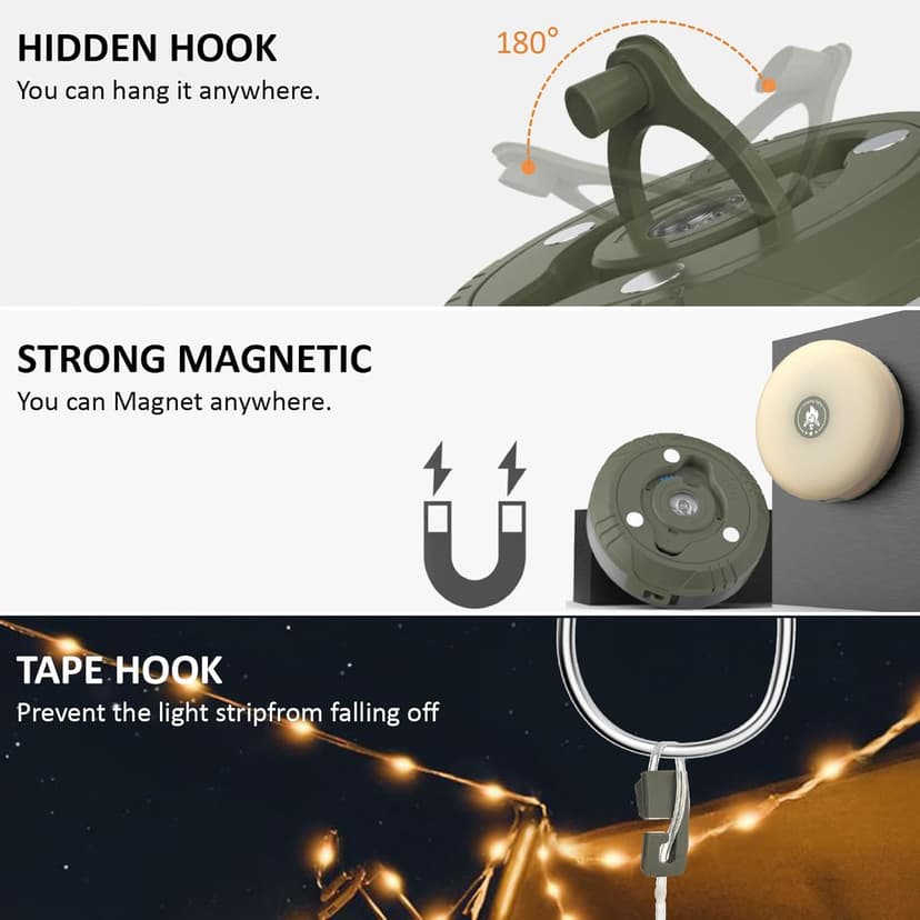 Camping String Lights with 8 Modes, 4 in 1 Portable Camping Light Rechargeable, USB Charging, Quick Storage, 32.8ft Waterproof Tent Light for Camping, Hiking, Christmas