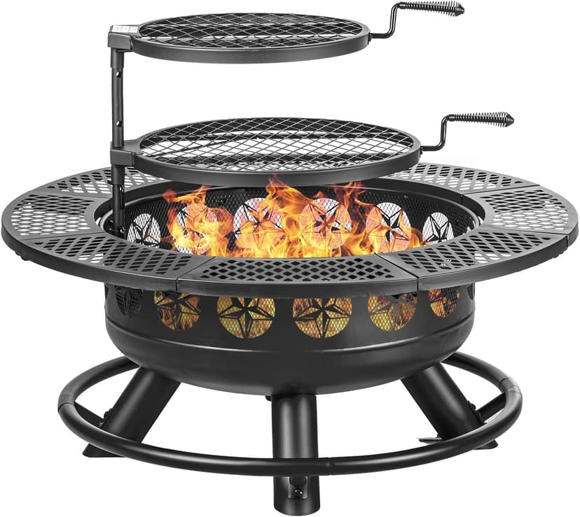 36 Inch Fire Pit with 2 Cooking Grills,Outdoor Wood Burning BBQ Firepit with Lid, 3-in-1 Outdoor Fire Pit for Backyard Deck Bonfire Patio Picnic