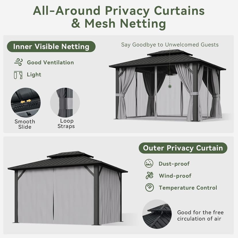 Aoxun Hardtop Gazebo 10x12, Aluminum Frame Canopy with Double Galvanized Steel Roof, Outdoor Gazebo with Breathable Netting and Privacy Curtain for Backyard