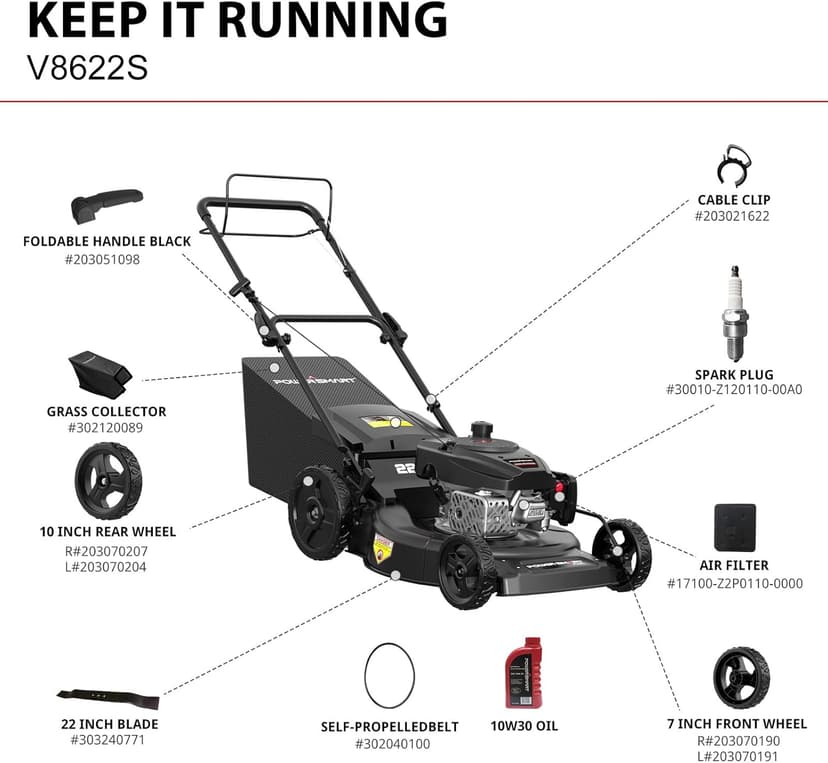 PowerSmart Self Propelled Gas Lawn Mower, 22 in. with 170cc OHV Engine, 3-in-1 Rear-Wheel-Drive High Wheels, Black
