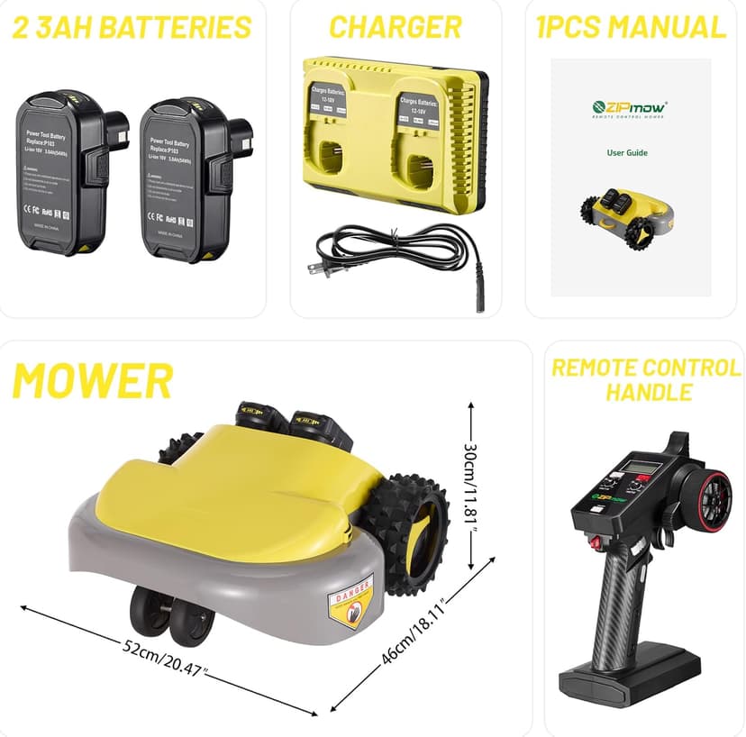 Remote Control Lawn Mower, Battery Powered Rc Lawn Mower, Cut Height 2.0"-3.0", 40% Slope, Remote Control with Adjustable Speeds, 100% Electric All-Wheel Drive