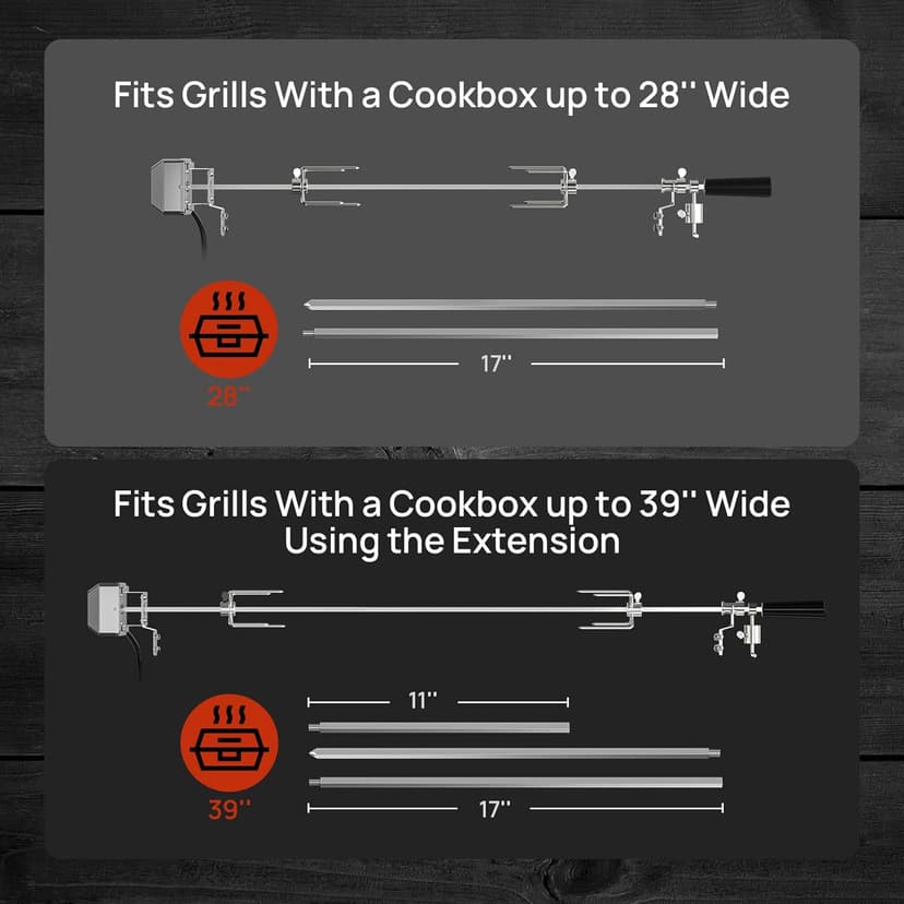 TURBRO Stainless Steel Rotisserie Kit for Gas Grills with A Cookbox up to 39’’ - Includes 4W Electric Motor, 34’’ - 45’’ × 5/16" Square Spit Rod, Meat Forks, Counterweight - for Outdoor BBQ