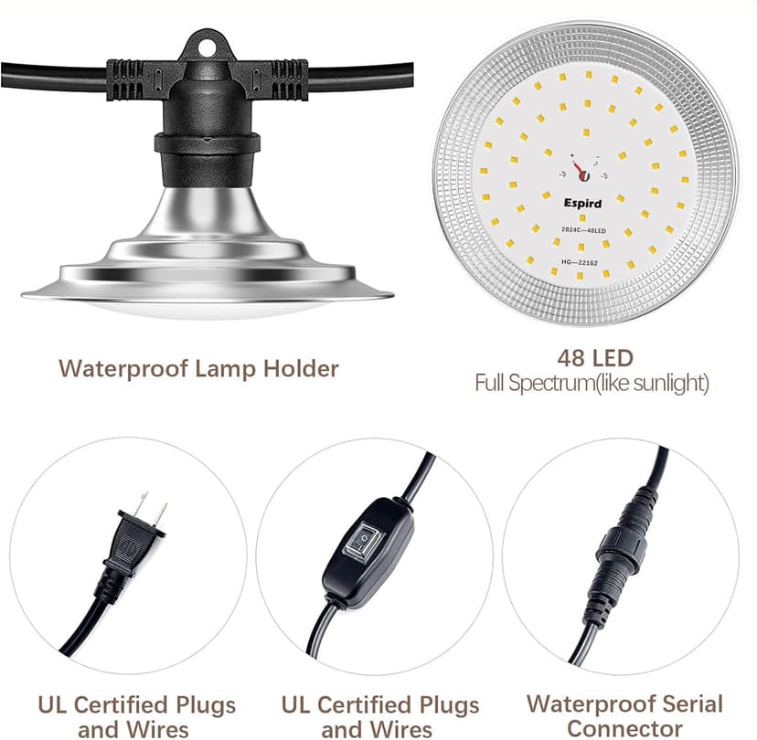 Espird Outdoor LED Grow Lights for Greenhouse 6-Light Waterproof String Grow Light, Full Spectrum LED Plant Grow Light Lamp, Waterproof Greenhouse Grow Lights for Seedling, Veg, Flower