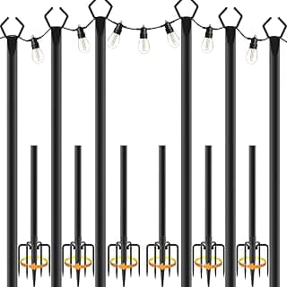 6 Pack 10 ft Heavy Duty Metal String Light Poles Adjustable Outdoor Lighting Stand for Patio,Backyard,Garden,Party & Wedding Rustproof & Sturdy with Hooks
