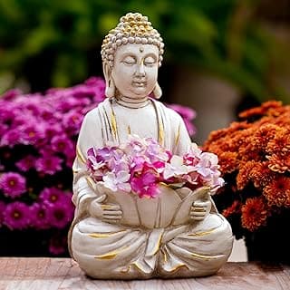 Goodeco Meditating Buddha Statue Sculpture - Outdoor Sitting Sculpture Decoration, Marble Finish with Lotus and Magical Glow in The Dark Pebbles and Glass Stones,Gift idea,White Color (12 inch)