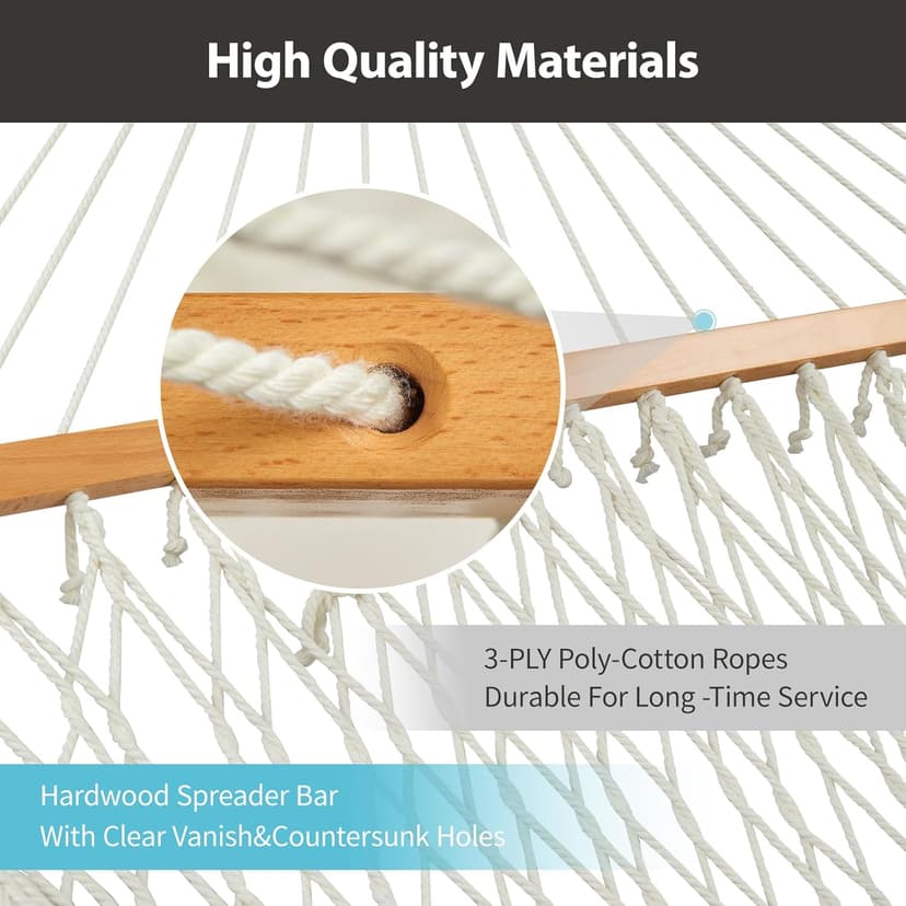 Outdoor Double Hammock with Hardwood Spreader Bars, Cotton Rope Hammock with Polyester Pad and Pillow, 475 LBS Capacity 2 Person Hammock, Large Hammock for Patio Backyard Poolside - Bule Stripe