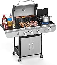 3-Burner Propane Gas Grill with Side Burner,Stainless Steel BBQ Grill with Porcelain-Enameled Cast Iron Grates,37000 BTU Barbecue Grill, Suitable for Patio,Camping,Outdoor Cooking