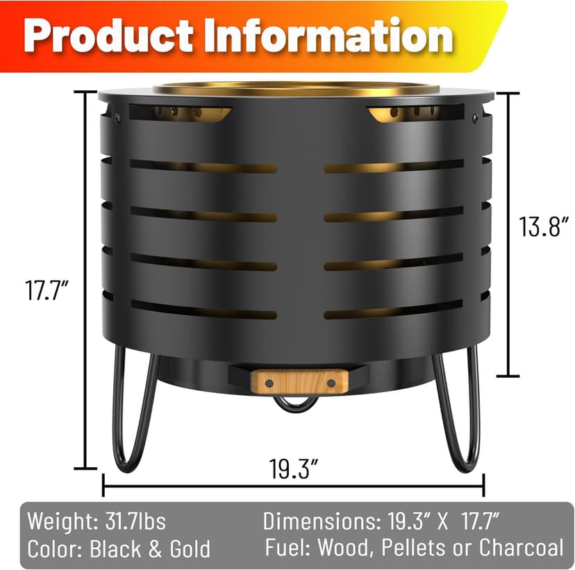 Low Smoke Fire Pit, 19 Inch Stainless Steel Portable Fire Pit for Wood Burning, Outdoor Fire Pit Perfect for Camping or Backyard, Includes Fire Poker, Stand, Cloth Cover and Grill Rack