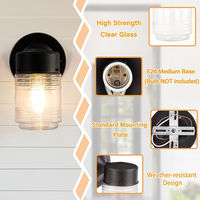 2 Pack Outdoor Wall Lantern, Exterior Waterproof Wall Sconce Light Fixtures, Black Front Door Lighting with Clear Glass Shade, Anti-Rust E26 Socket Porch Lights for Entryway