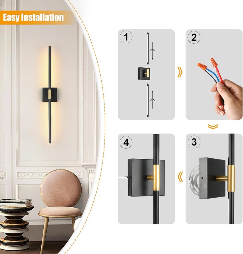 Wall Sconces Set of 2, Modern Hardwired Sconces Wall Decor, 24 Inch Dimmable Sconces Wall Lighting, Black Gold Wall Light Fixtures, 3000K LED Wall Lights for Bedroom, Living Room, Bathroom