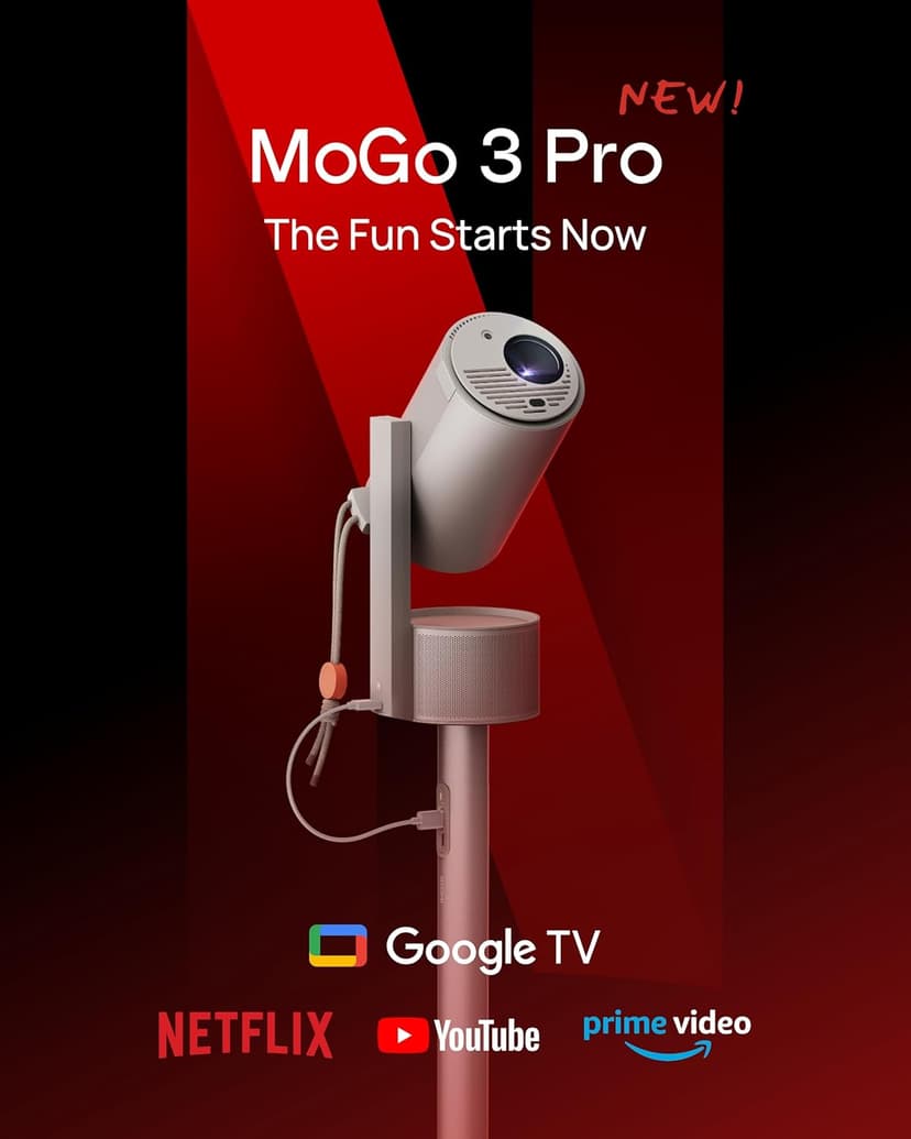 XGIMI MoGo 3 Pro NEW Outdoor Projector with PowerBase Stand, 2.5hrs Battery, Google TV with Licensed Netflix, Build-in Adjustable Stand, 450 ISO Lumens, ISA 2.0, 2 x 5W Harman Kardon