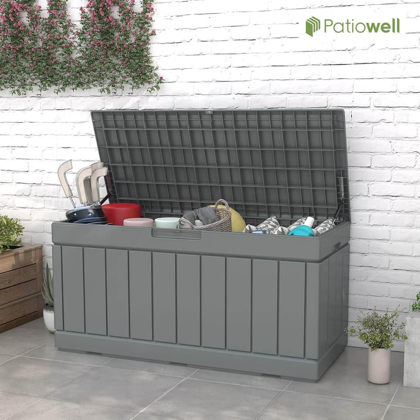 Patiowell 82 Gallon Resin Deck Box, Waterproof Large Wood Look Storage Box for Patio Furniture, Pool Accessories, Garden Tools and Sports Equipment, Lockable, Grey