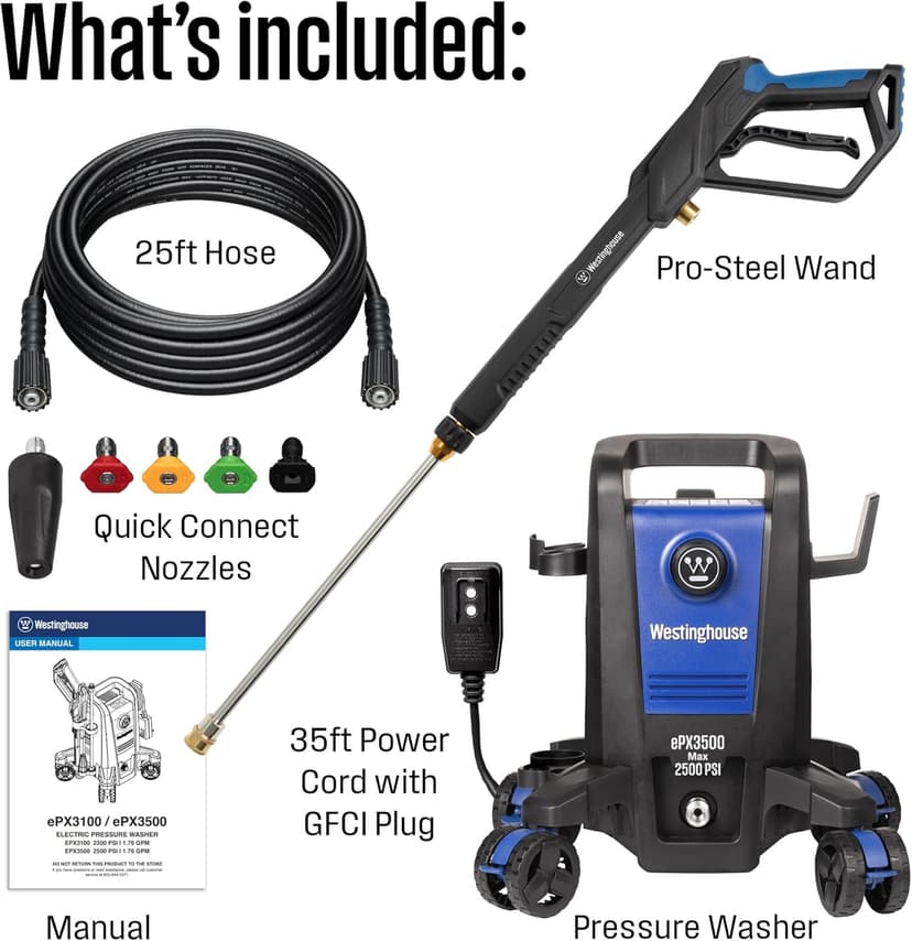Westinghouse ePX3500 Electric Pressure Washer, 2500 Max PSI 1.76 Max GPM with Anti-Tipping Technology, Onboard Soap Tank, Pro-Style Steel Wand, 5-Nozzle Set, for Cars/Fences/Driveways/Home/Patios