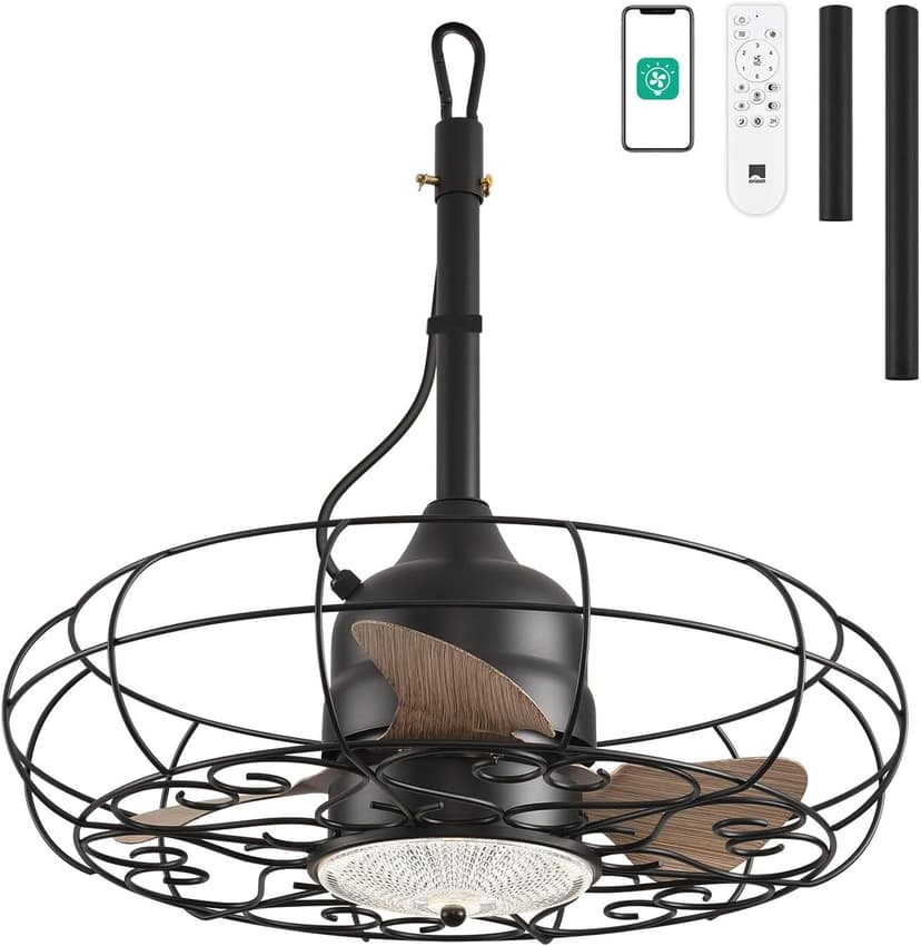 Orison Outdoor Ceiling Fans with Light, 21'' Wet Rated Outdoor Hanging Fan for Gazebo, Plug in Caged Lighting for Pergola Canopy, Hanging with Hook, 3 Color LED Light, Waterproof