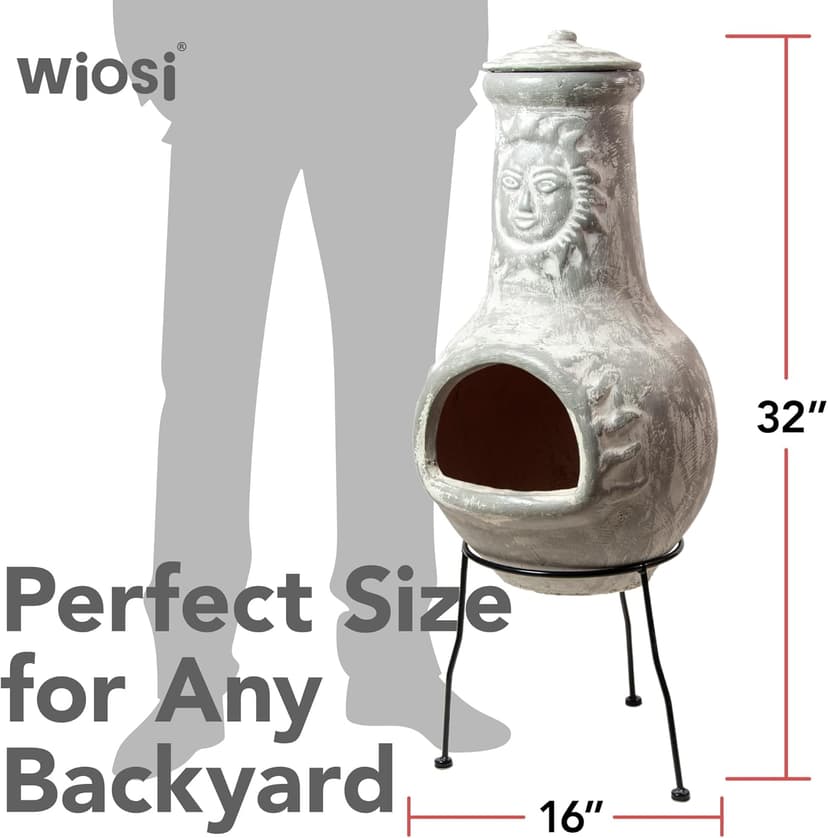 Wiosi Medium Chiminea Outdoor Fireplace Grey Clay Chimineas with Chimney Rain Lids and Solid Metal Stands - Grey Terracotta Chimenea - Rustic Fire Pit Chimnea 16 x 16 x 32-inch